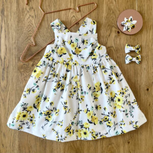 Robe à Bretelles – Coton imprimé fleurs jaunes – 2 ans