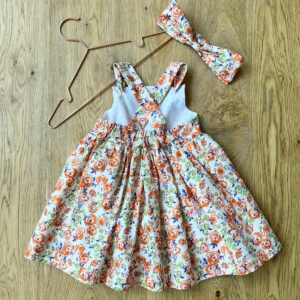 Robe à Bretelles – Coton imprimé de roses orange – 3 ans